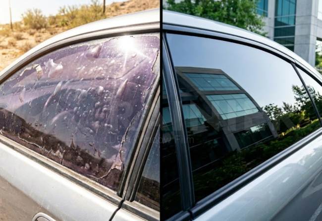 tuổi thọ phim cách nhiệt thể hiện qua sự khác biệt giữa phim cũ bong tróc và phim mới