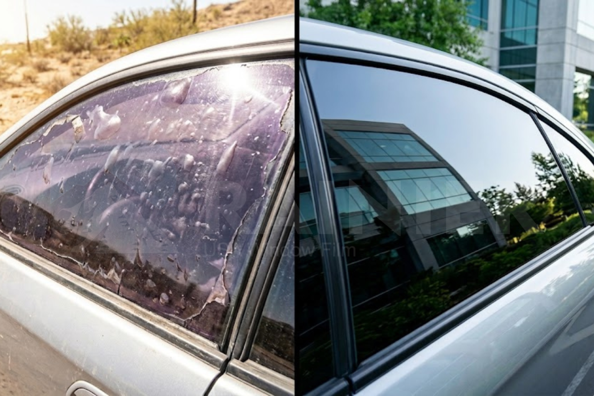 tuổi thọ phim cách nhiệt thể hiện qua sự khác biệt giữa phim cũ bong tróc và phim mới