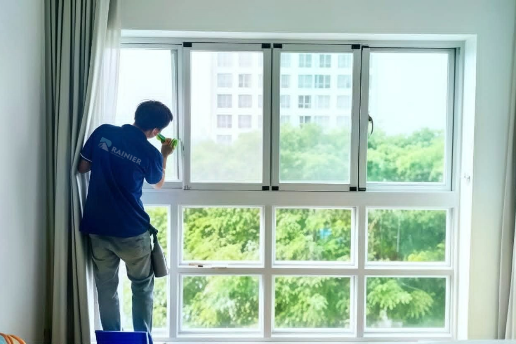 Thi công dán phim cách nhiệt cho nhà ở Kỹ thuật viên đang dán phim cách nhiệt chống tia UV lên cửa kính