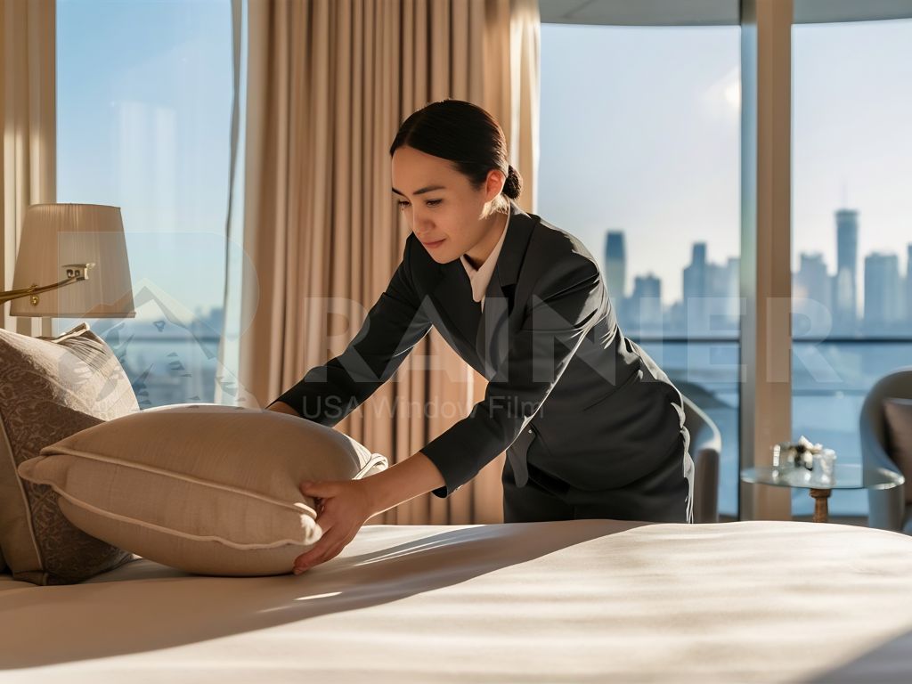 Dán phim cách nhiệt cho cửa kính của khách sạn, resort, homestay giúp bảo vệ nội thất và sức khỏe của khách hàng khỏi tia cực tím gây hại