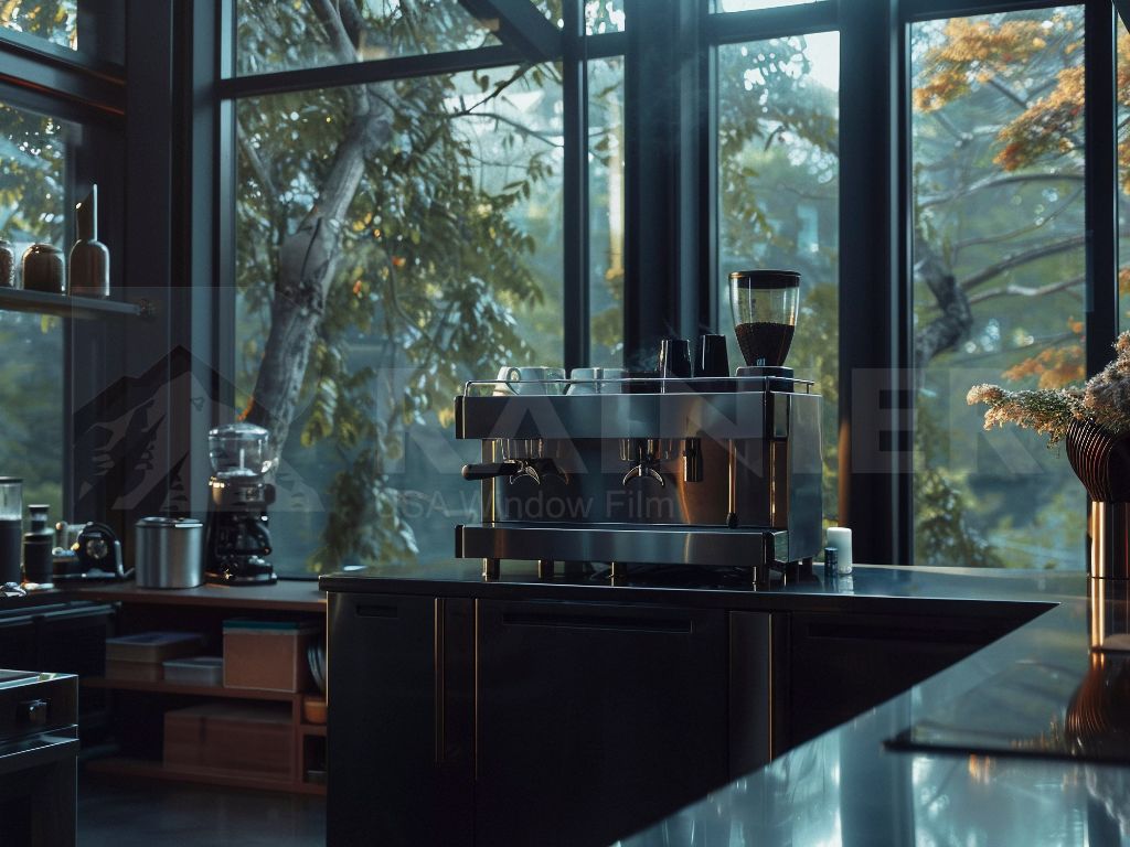 dán phim cách nhiệt cho khu vực quầy bar, bếp có nhiều kính để bảo quản nguyên vật liệu khỏi tia UV