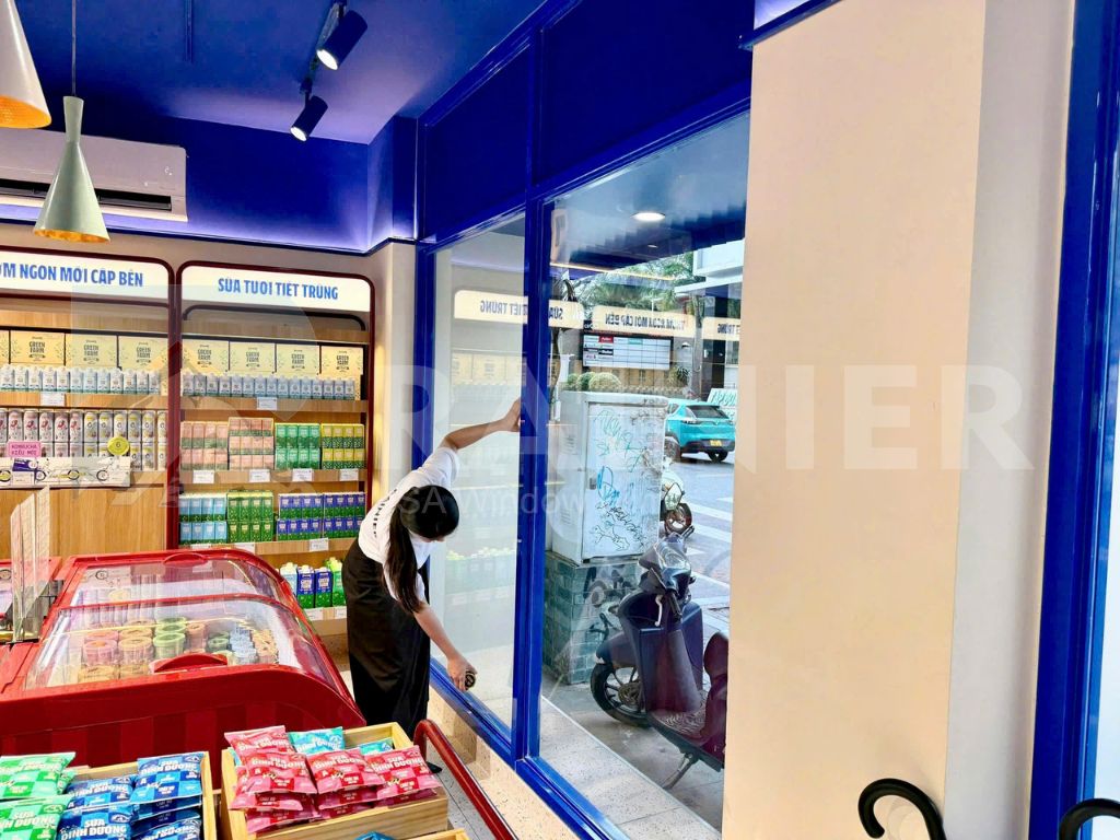 Nhân viên khảo sát diện tích kính trước khi tư vấn cho khách hàng giải pháp phù hợp cho showroom, cửa hàng